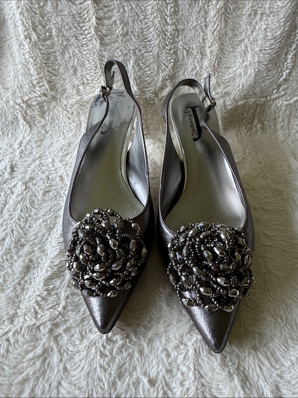 J.Renee Metallic Pewter Pointed Slingback Heels with Beaded Rosette